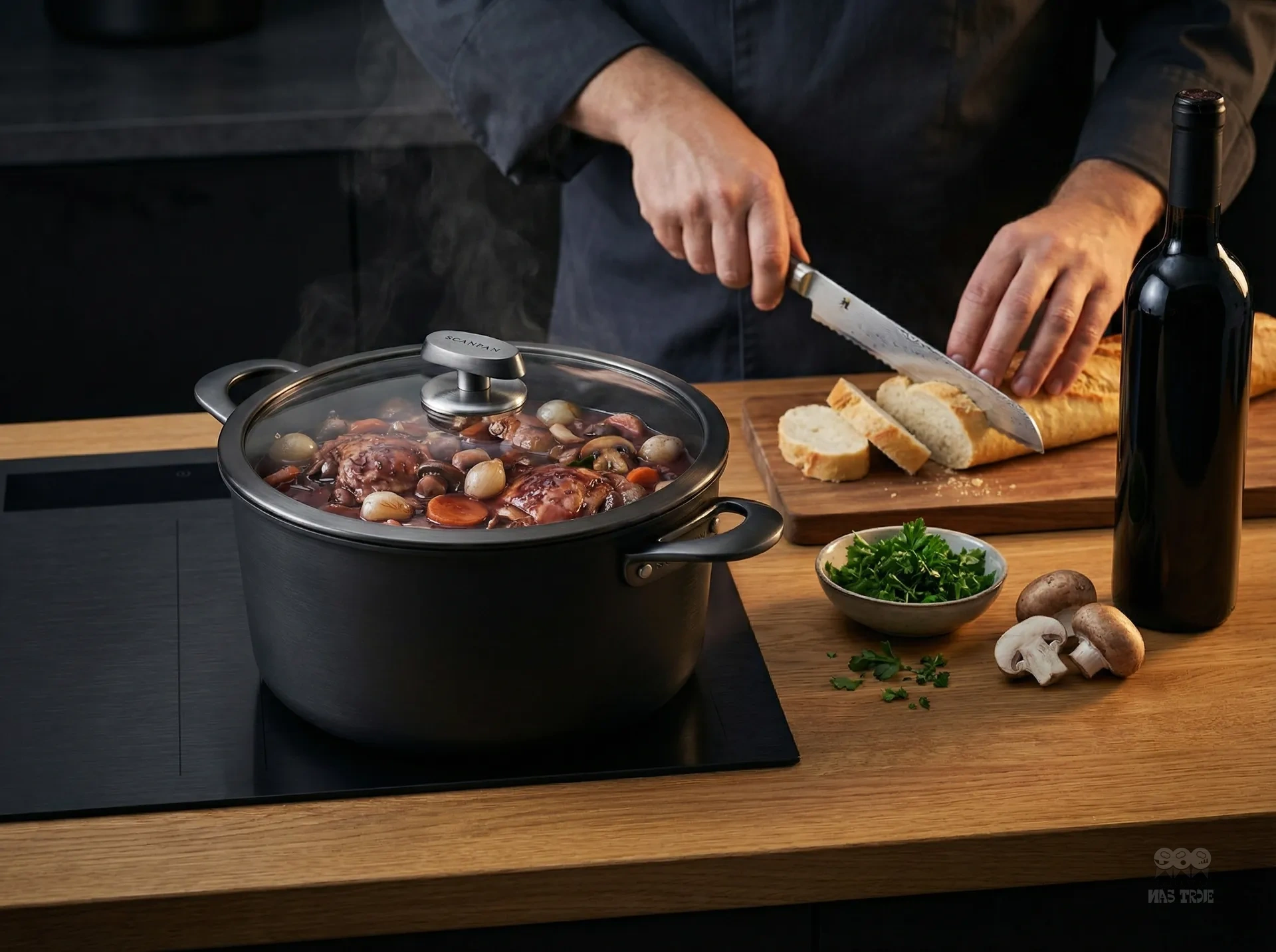 Tytanowo-ceramiczny garnek Scanpan z potrawą na indukcji w kuchni.