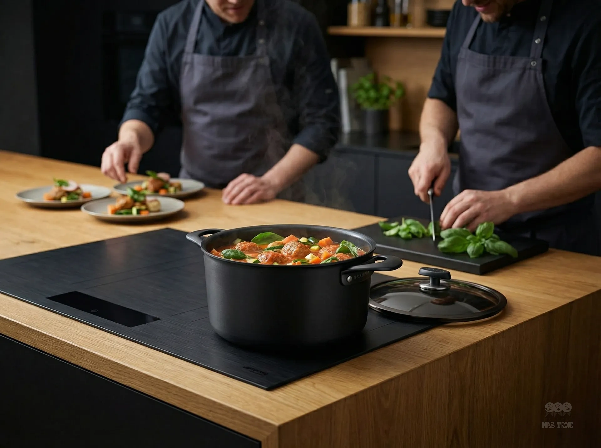 Tytanowo-ceramiczny garnek Scanpan z daniem na kuchence w eleganckiej kuchni.