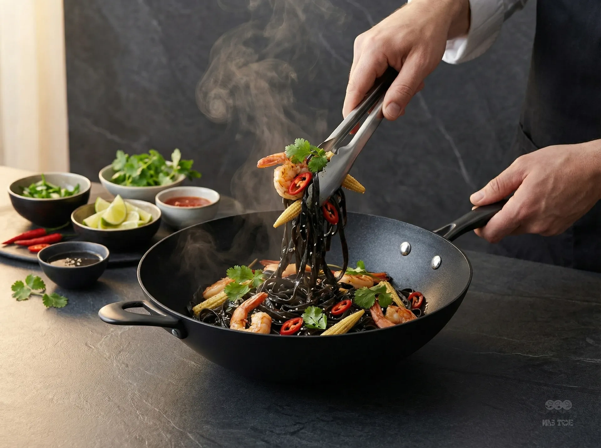 Tytanowo-ceramiczny wok Scanpan z daniem z krewetkami i warzywami