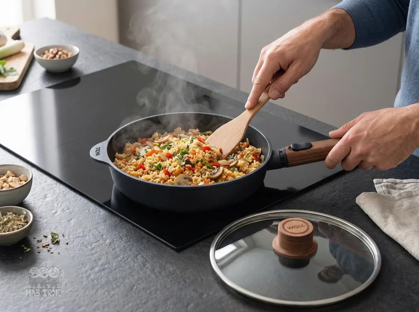 Przygotowywanie dania w tytanowej patelni WOLL z odpinanym uchwytem na indukcji. Gotowanie risotto na patelni tytanowej Eco Logic QXR z drewnianym uchwytem na płycie indukcyjnej.