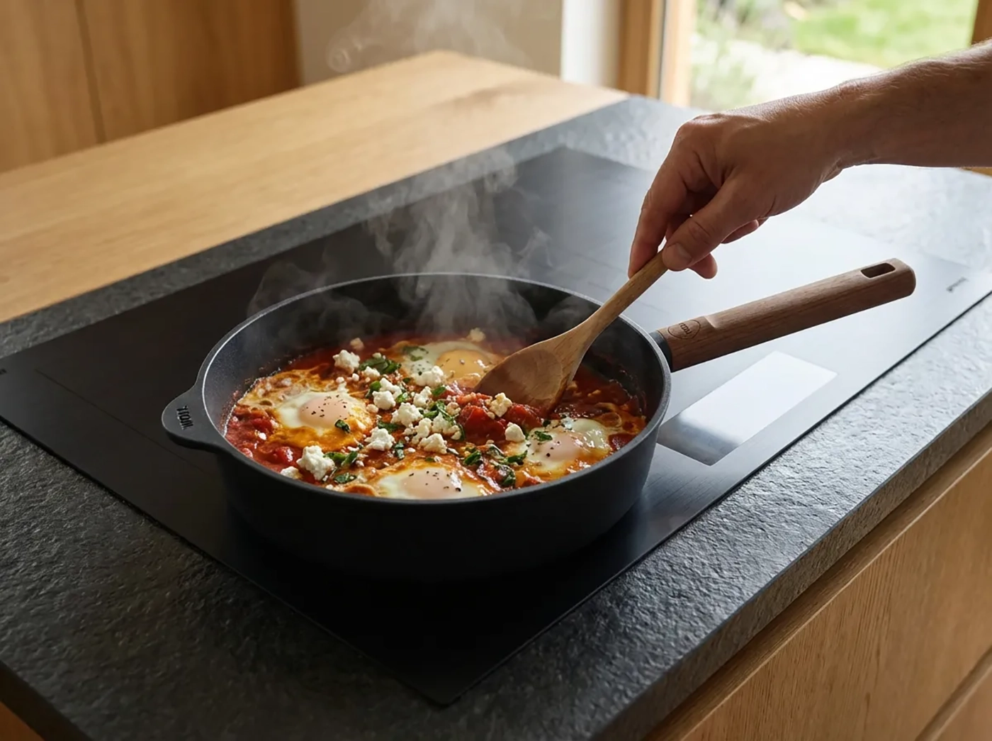 Shakshuka w tytanowej patelni z powłoką nieprzywierającą i eleganckim uchwytem. Głęboka patelnia tytanowa z drewnianym uchwytem, gotująca shakshukę na płycie indukcyjnej.