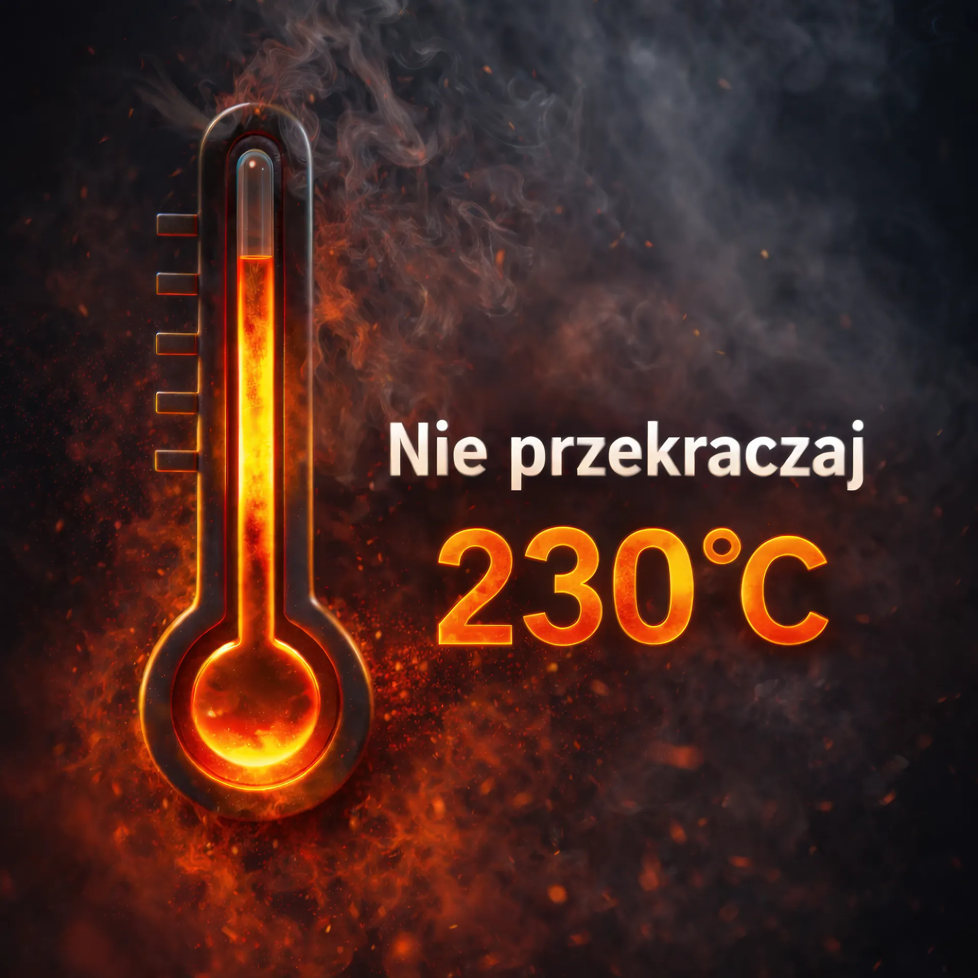 Ognisty termometr z ostrzeżeniem o temperaturze 230°C. Termometr z płomieniami i napisem "Nie przekraczaj 230°C" na ciemnym tle.