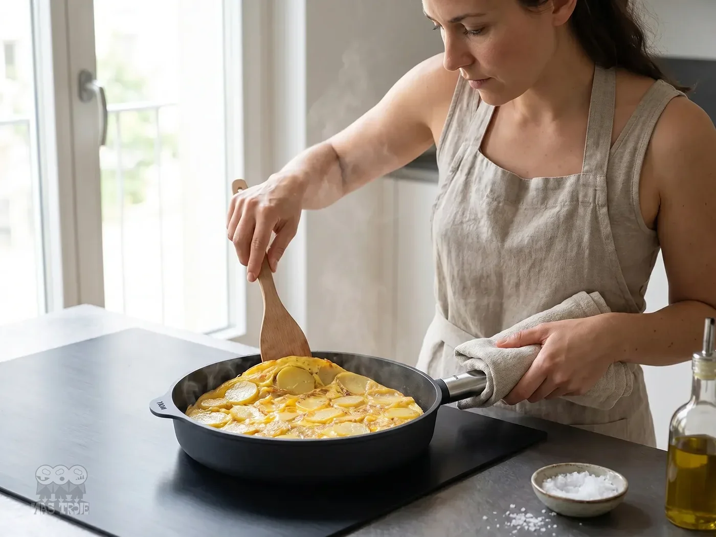 Przygotowywanie posiłku na patelni WOLL z nieprzywierającą powłoką. Kobieta gotująca omlet na patelni tytanowej Eco Logic QXR PRO w jasnej kuchni.