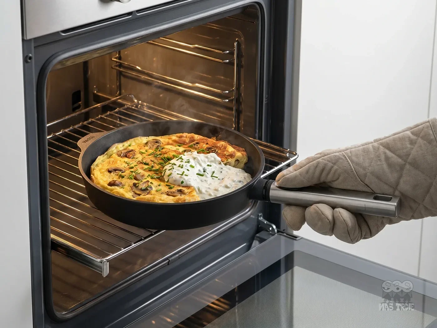 Tytanowa patelnia WOLL z odpinanym uchwytem w piekarniku, na niej frittata z dodatkami. Patelnię Eco Logic QXR PRO z frittatą wyciąganą z piekarnika przez osobę w rękawicy kuchennej.
