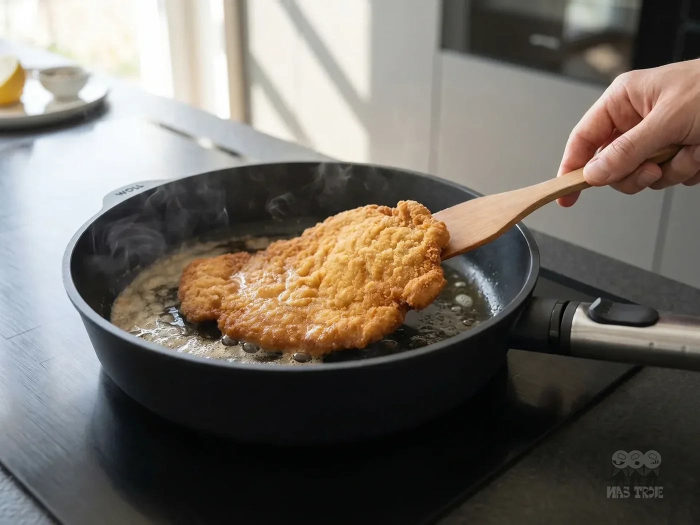 Patelnia Eco Logic QXR PRO 32 cm z kotletem na nieprzywierającej powierzchni. Głęboka patelnia tytanowa WOLL z odpinanym uchwytem, smażąca kotlet na nieprzywierającej powłoce.