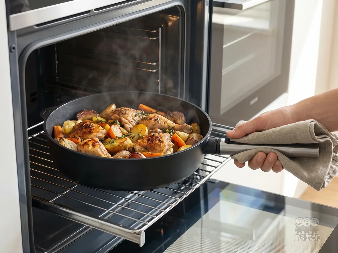 Głęboka patelnia z kurczakiem i warzywami w piekarniku. Tytanowa patelnia Eco Logic QXR PRO z pieczonym kurczakiem w piekarniku.