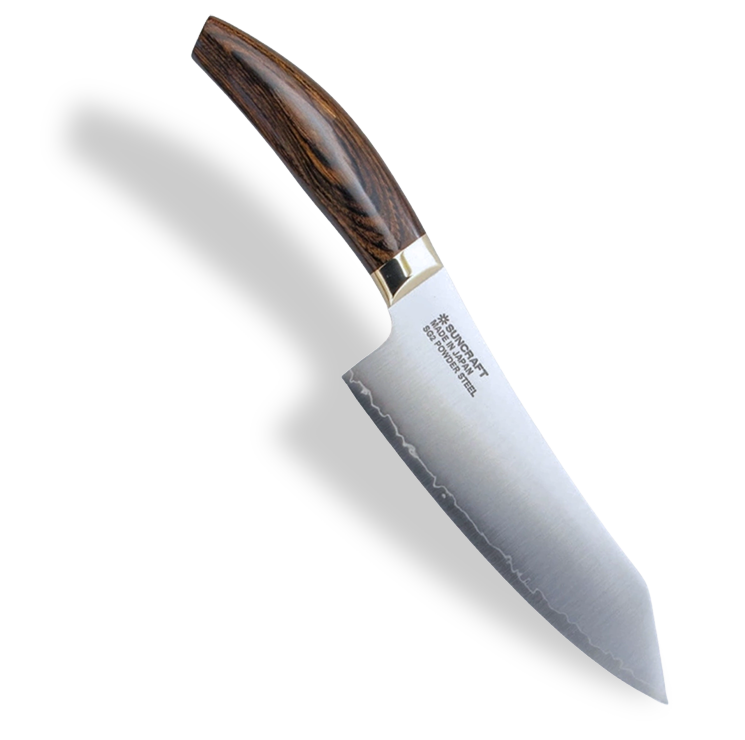 Luksusowy nóż Santoku Suncraft z drewnianą rękojeścią, ostrze 17,5 cm ze stali proszkowej.