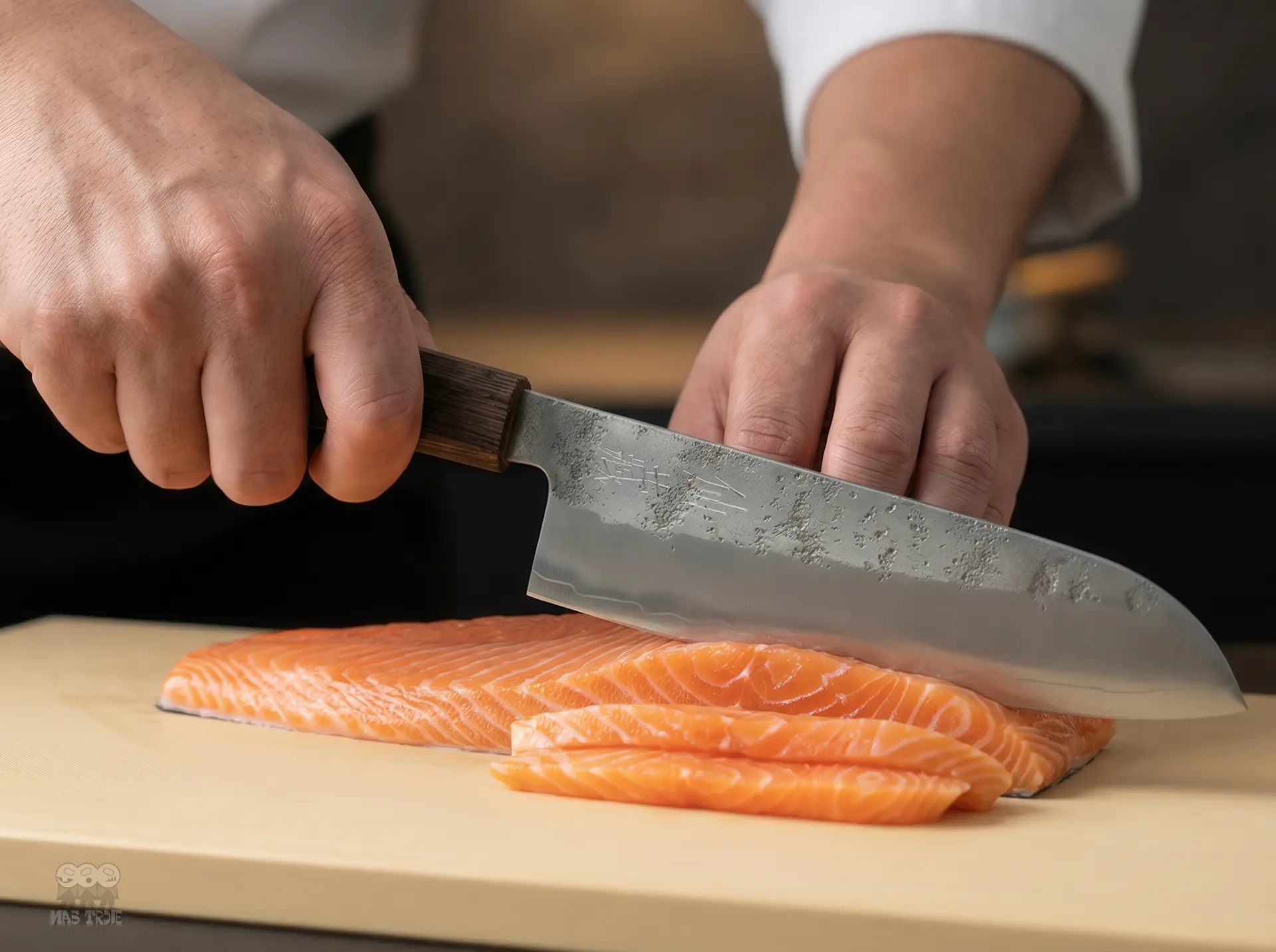 Ręcznie kuty nóż Santoku tnący świeży filet z łososia na desce kuchennej.