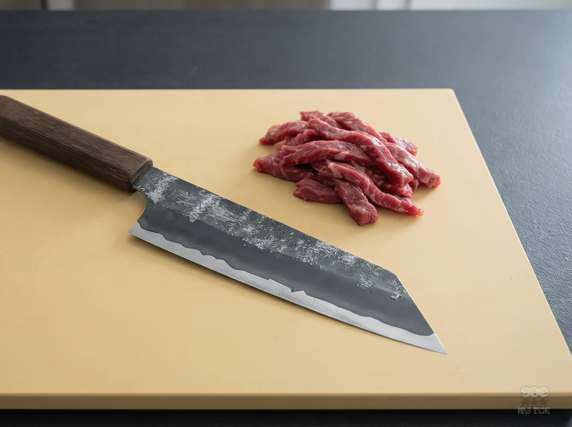 Japoński nóż Bunka 16,5 cm z ostrzem GIN-SAN SILVER 3 obok pokrojonego mięsa na desce.