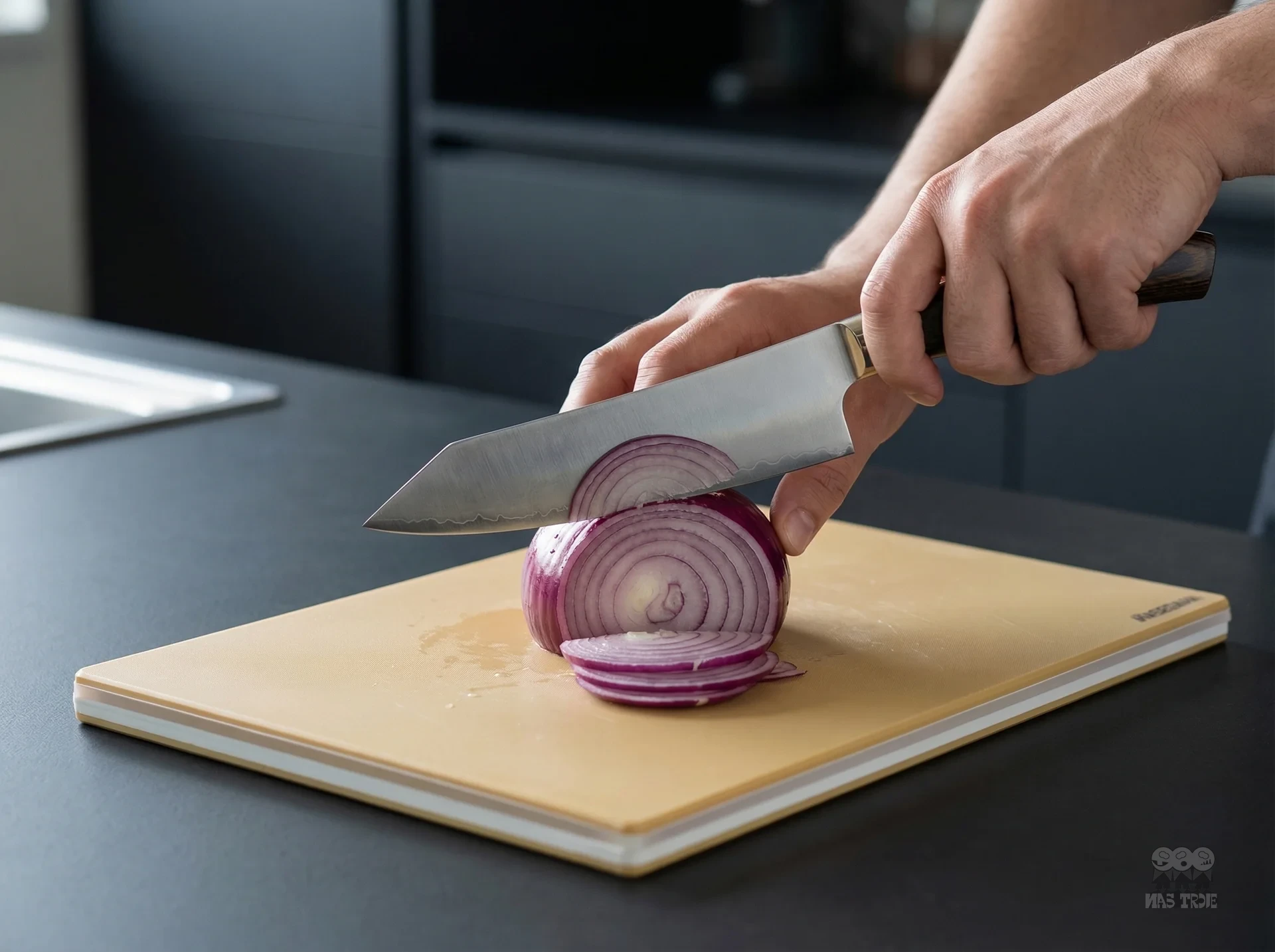 Krojenie czerwonej cebuli nożem Santoku SG2 na desce w nowoczesnej kuchni, Prestizowa Kuchnia