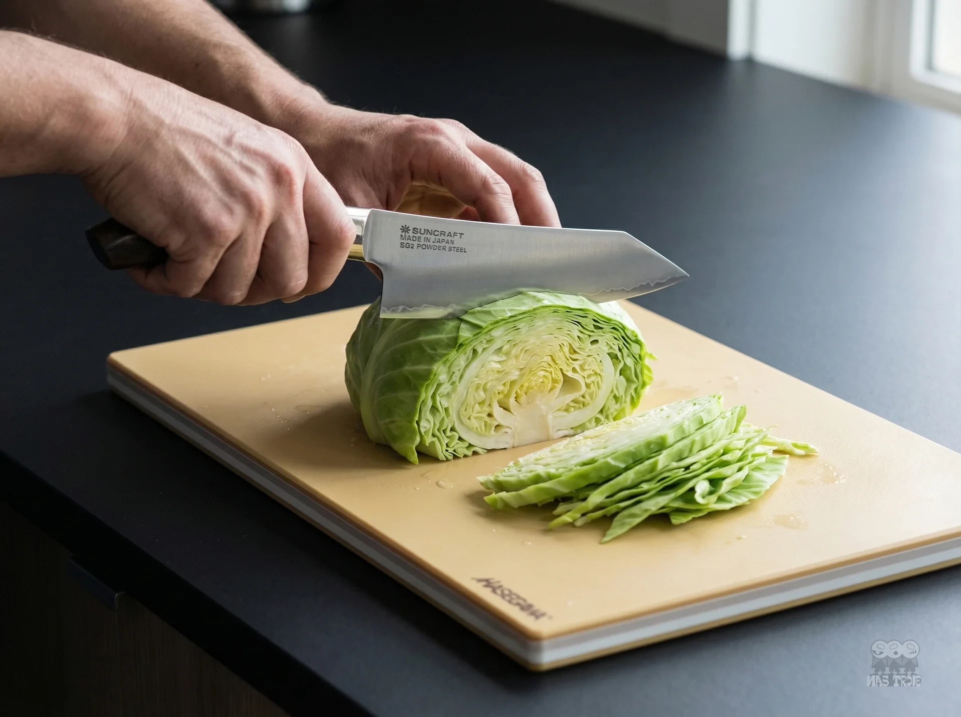 Krojenie kapusty nożem Santoku Suncraft SG2 na desce w nowoczesnej kuchni, Prestiżowa Kuchnia