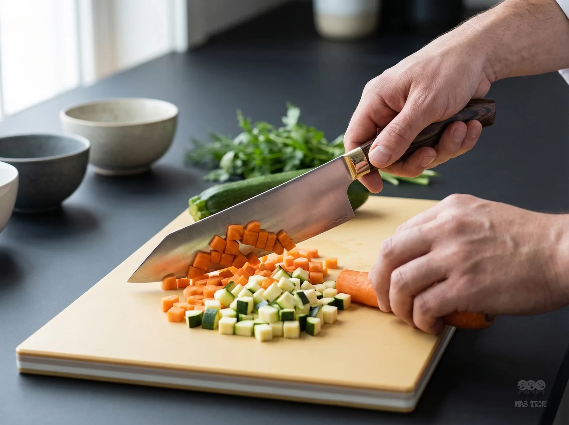 Krojenie marchewki i cukinii nożem Santoku SG2 Suncraft na desce, świeże warzywa na tle kuchni