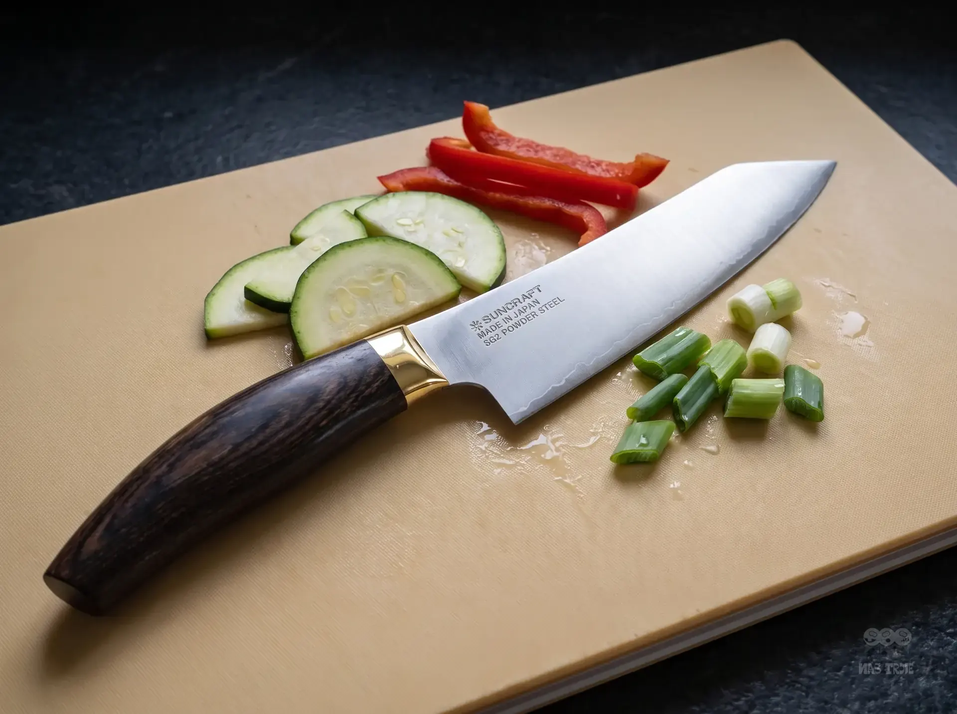 Nóż Santoku Suncraft SG2 z drewnianą rękojeścią na desce, obok pokrojonych warzyw w kuchni