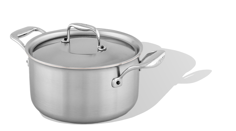 Stalowy garnek 2l z pokrywką, pięciowarstwowy, miedziany rdzeń, uchwyty, marka Falk, 18 cm