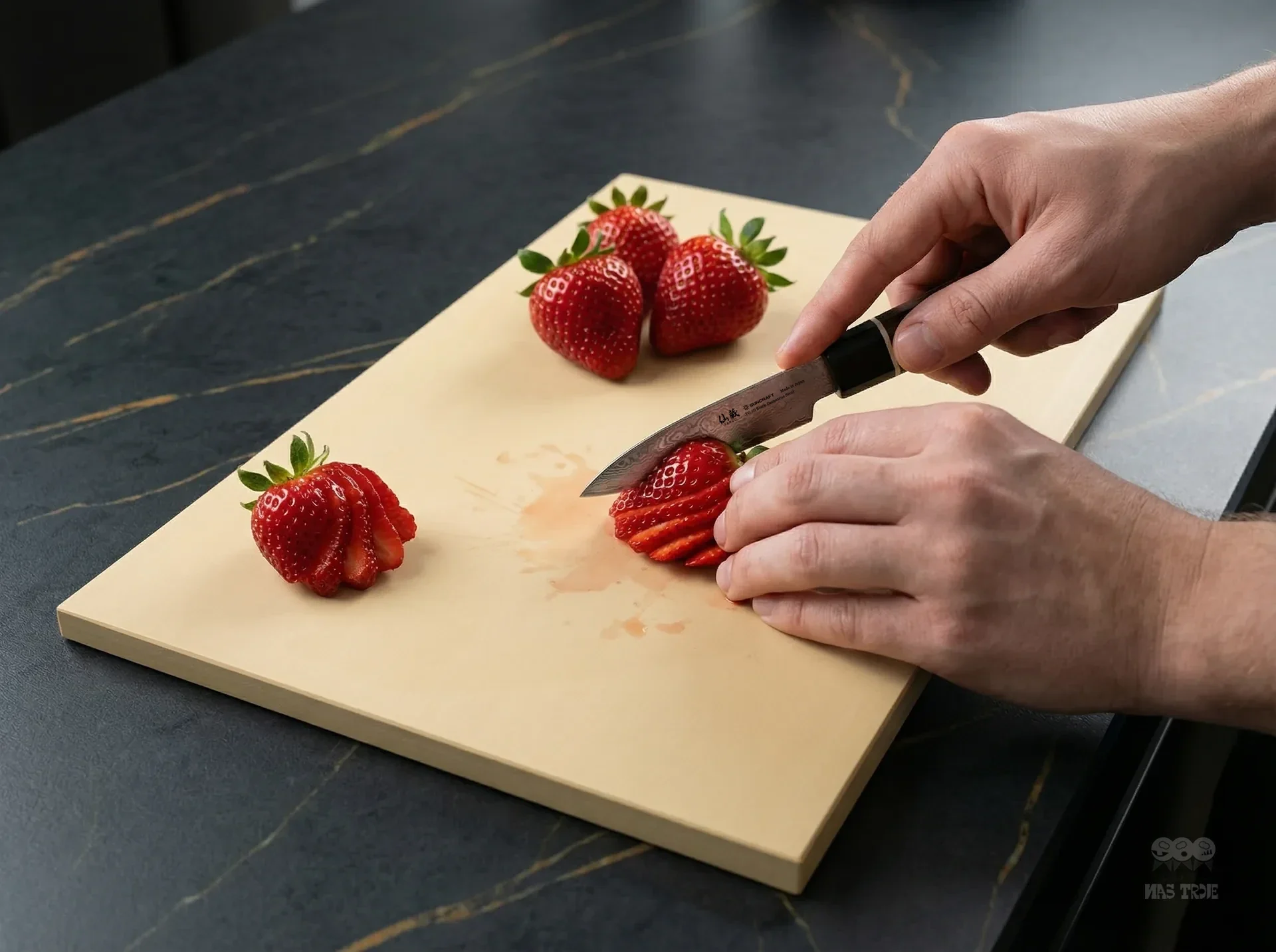 Krojenie truskawek japońskim nożem Senzo Black na jasnej desce kuchennej w eleganckiej kuchni