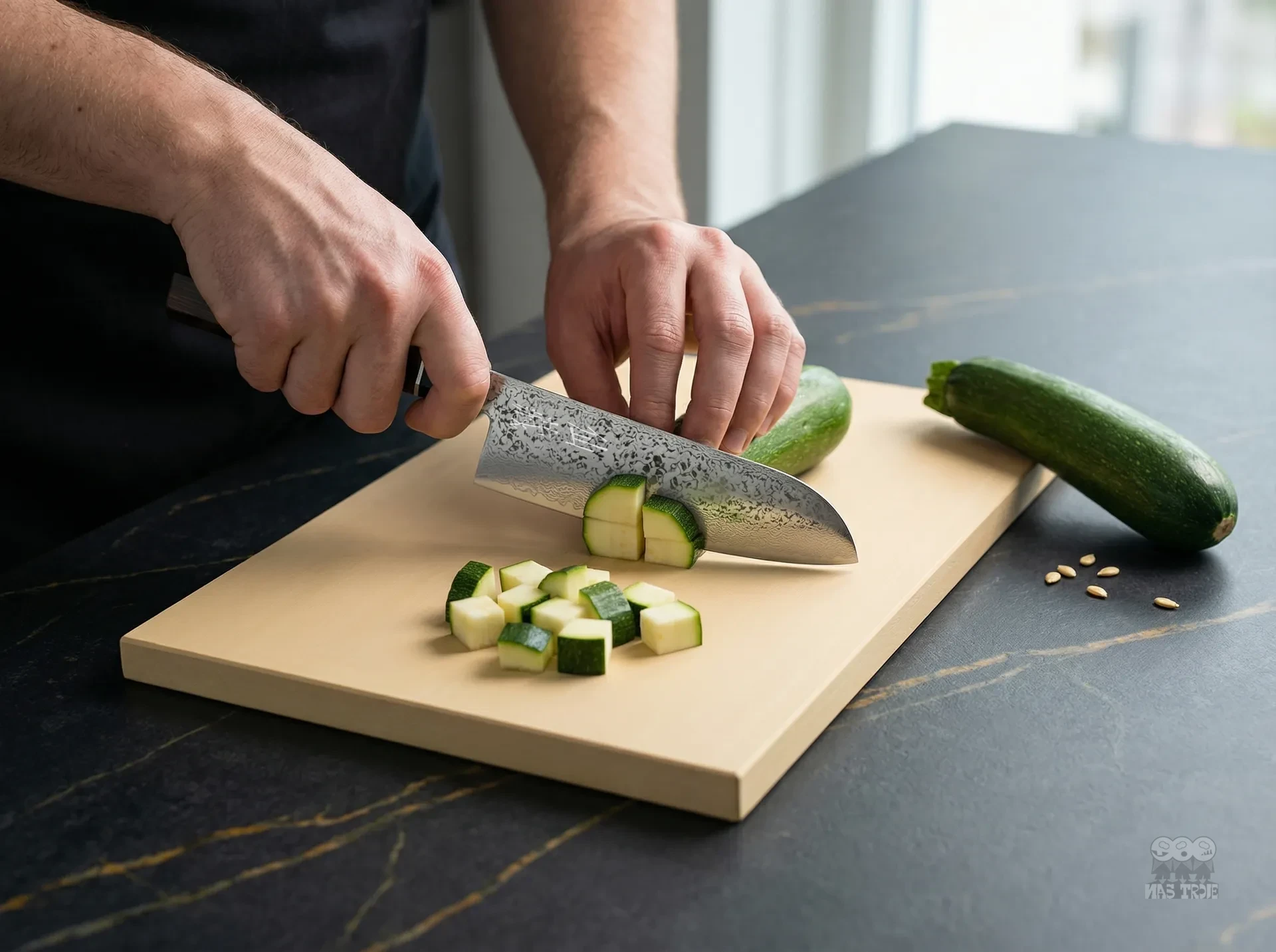 Czerniony japoński nóż Santoku Senzo Black kroi cukinię na desce kuchennej w nowoczesnej kuchni.