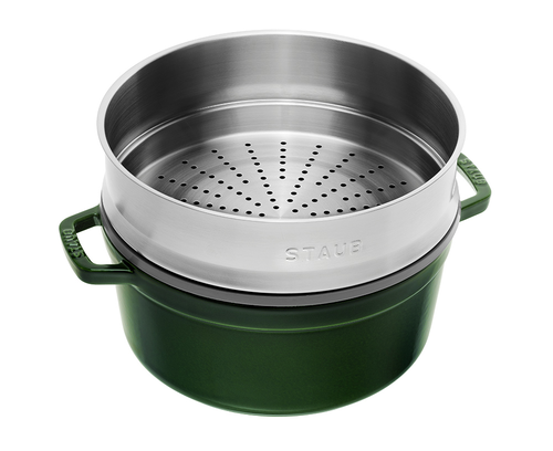 Żeliwny garnek Basil Green Staub, zielony, 5,2 l, z wkładem do gotowania na parze.