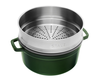 Żeliwny garnek Basil Green Staub, zielony, 5,2 l, z wkładem do gotowania na parze.