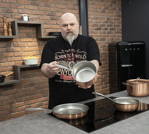 Miedziany garnek Falk Signature z uchwytami stalowymi, 5,8 litra, ręczna produkcja.