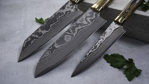 Nóż Santoku Takeshi Saji YBB VG-10 na tle kamienia i ziół
