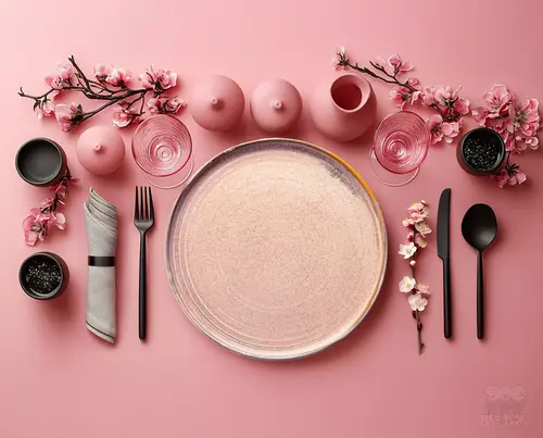 Różowy talerz porcelanowy Verlo z serii Morning Star na eleganckim nakryciu stołu.