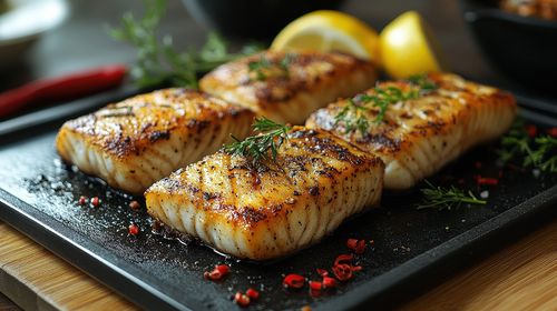 Żeliwna płyta Skeppshult Original z grillowanymi filetem rybnym i ziołami