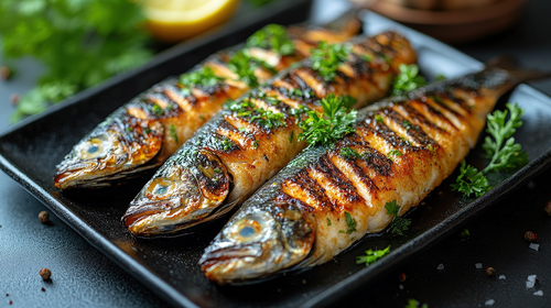 Żeliwna płyta Skeppshult Original z grillowaną rybą, idealna do smażenia i grillowania.