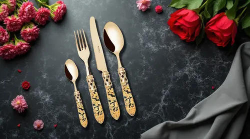 Sztućce Bugatti Aladdin Gold na tle kwiatów i szarej tkaniny