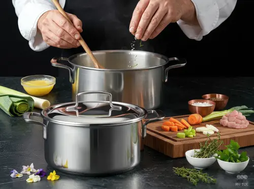 Stalowy garnek Demeyere 5-PLUS 1,5L na tle składników do gotowania