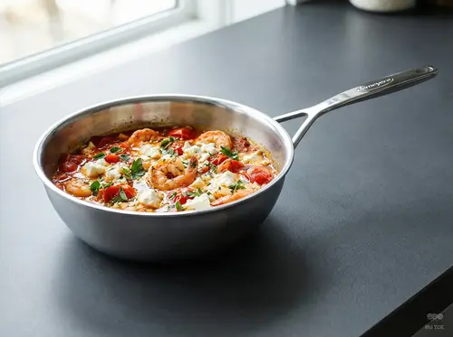 Stalowa patelnia sauté Demeyere 5-PLUS z daniem, srebrzysto-biała, Ø 24 cm.