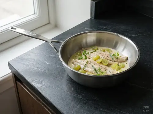 Stalowa patelnia sauté Demeyere 5-PLUS z pokrywką na blacie kuchennym
