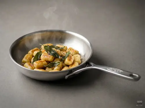 Stalowa patelnia Demeyere 5-PLUS z gnocchi i szałwią