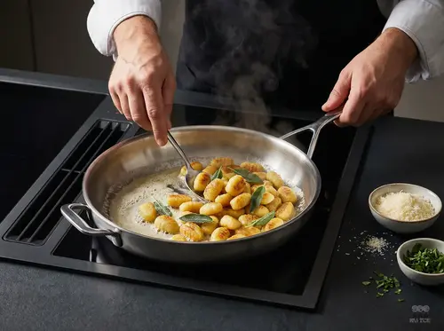 Stalowa patelnia Demeyere 5-PLUS z technologią 5-Ply, przygotowanie gnocchi.