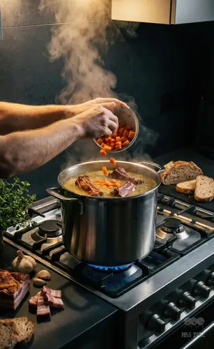 Stalowy garnek Demeyere 5-PLUS z technologią 5-Ply na kuchence gazowej.