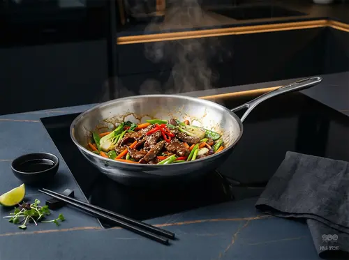Stalowy wok Demeyere 5-PLUS Ø 30 cm z daniem azjatyckim.