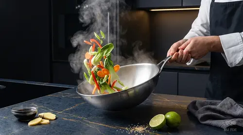 Stalowy wok Demeyere 5-Plus z warzywami w ruchu