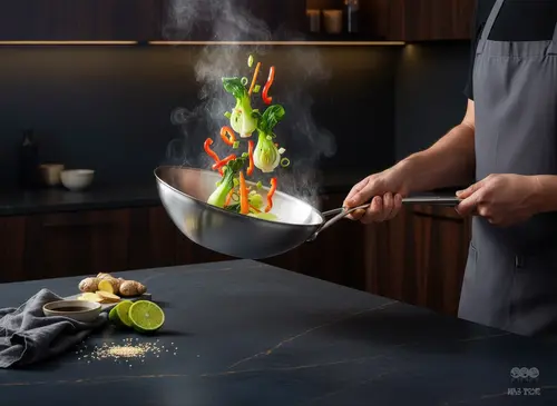 Stalowy wok Demeyere 5-Plus z warzywami w locie, technologia 5-Ply.