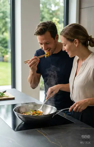 Stalowy wok Demeyere 5-PLUS Ø 30 cm z potrawą warzywną