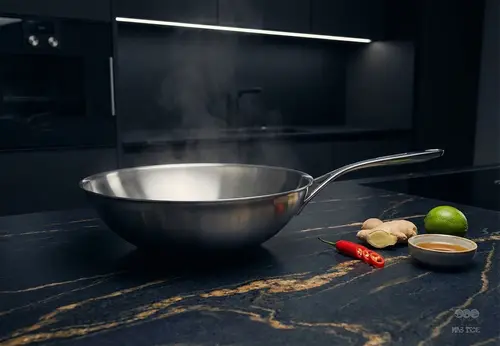 Stalowy wok Demeyere 5-PLUS Ø 30 cm na blacie kuchennym, nowoczesna technologia 5-Ply.