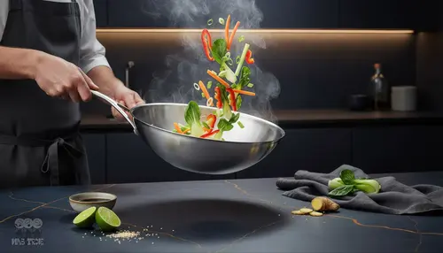 Stalowy wok Demeyere 5-PLUS Ø 30 cm w akcji, z warzywami w powietrzu, na ciemnym tle kuchni.