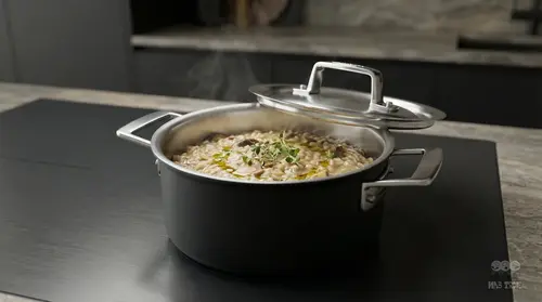 Garnek Demeyere Black 5 z risotto na kuchennym blacie