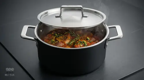 Stalowo-ceramiczny garnek Demeyere Black 5, 1,5 litra, na tle ciemnego blatu.