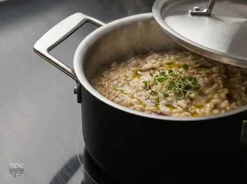 Stalowo-ceramiczny garnek Demeyere Black 5 z risotto na kuchence