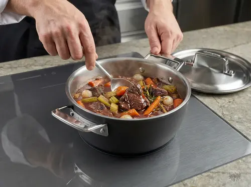 Stalowo-ceramiczna patelnia Demeyere Black 5 z potrawą na płycie kuchennej