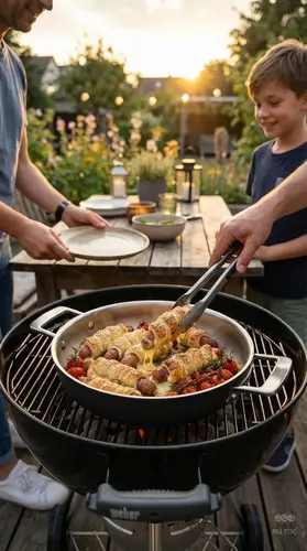 Stalowo-ceramiczna patelnia Demeyere Black 5 na grillu z kiełbaskami w cieście na tle ogrodu.