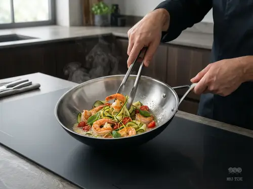 Demeyere Black 5 stalowo-ceramiczny wok z krewetkami i warzywami na kuchence.