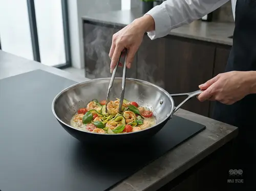 Stalowo-ceramiczny wok Demeyere Black 5 z potrawą w kuchni