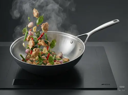 Stalowo-ceramiczny wok Demeyere Black 5 z warzywami i mięsem w powietrzu.