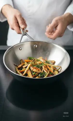 Wok Demeyere Black 5 z warzywami na czarnym blacie kuchennym.