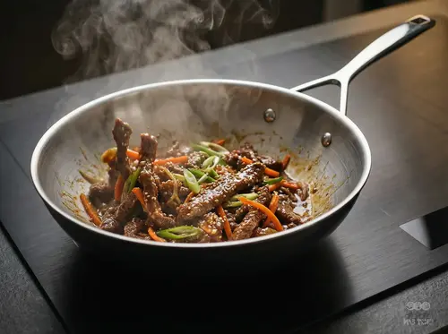 Stalowo-ceramiczny wok Demeyere Black 5 z potrawą, srebrzysto-czarny, stal Silvinox® i ceramika.